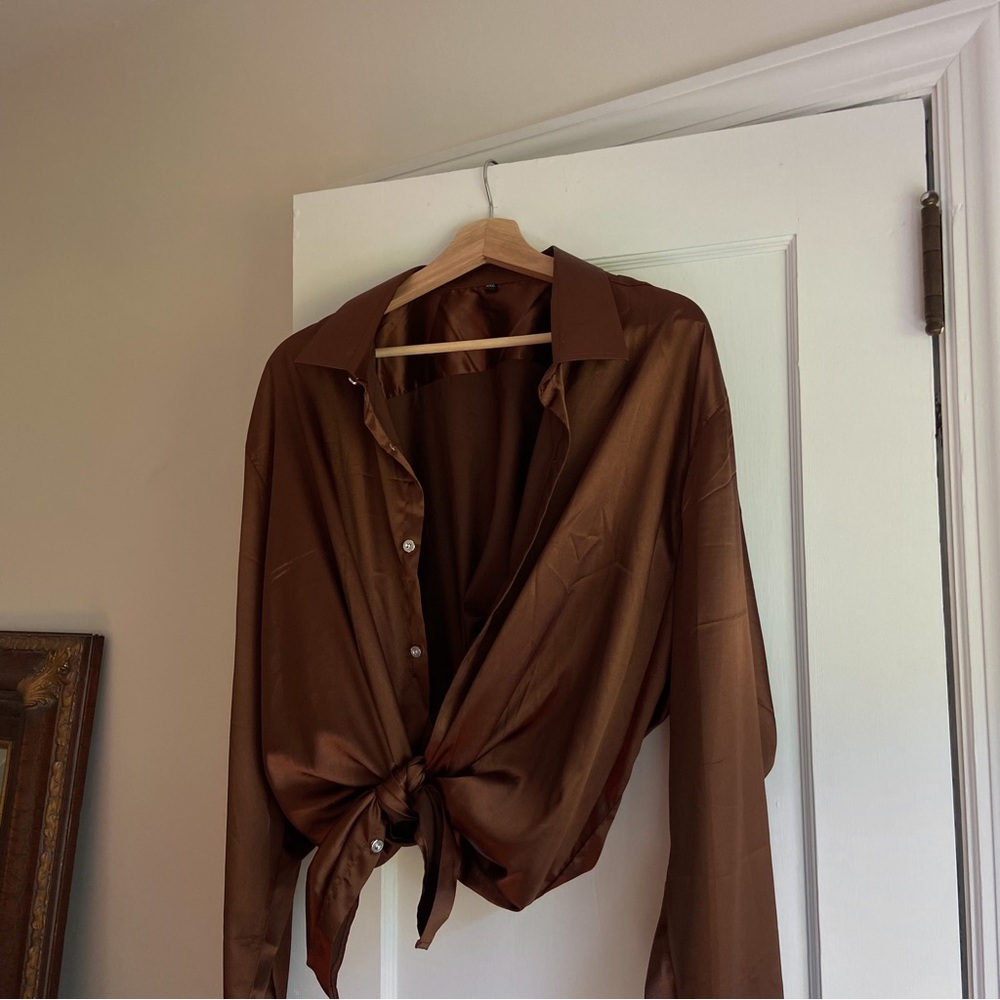 Oversized Brown Satin Button Down